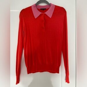 Tara Jarmon Paris Red Polo Sweater Pink Collar French Designer Knit Top Size S
